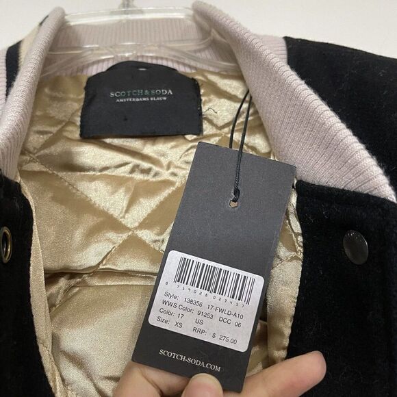 NEW! Scotch & Soda Black longline wool blend varsity snap jacket size XS $275 - Picture 3 of 7